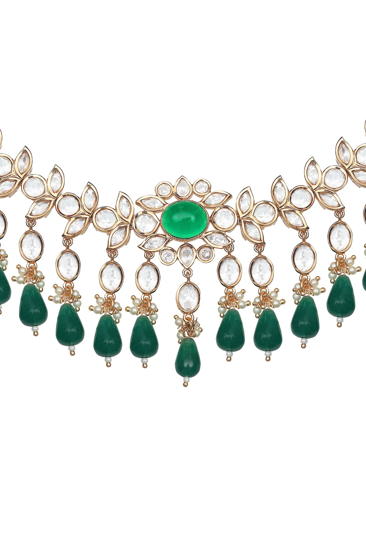 Gold Finish Kundan Polki & Green Stone Choker Necklace Set