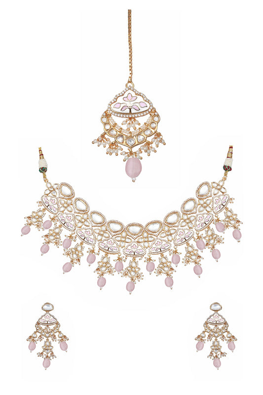 Gold Finish Kundan Pink & White Meenakari Choker Necklace Set