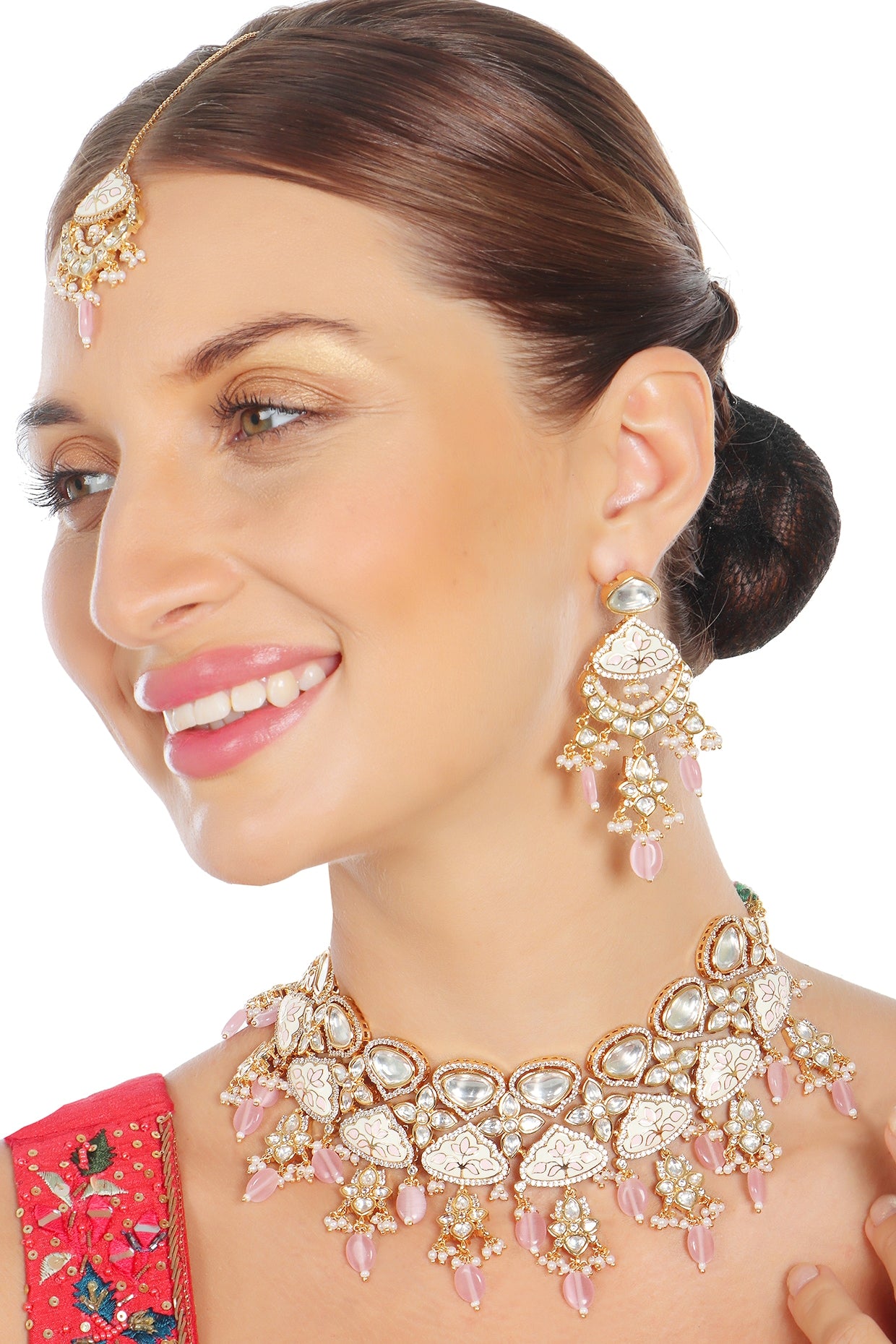 Gold Finish Kundan Pink & White Meenakari Choker Necklace Set