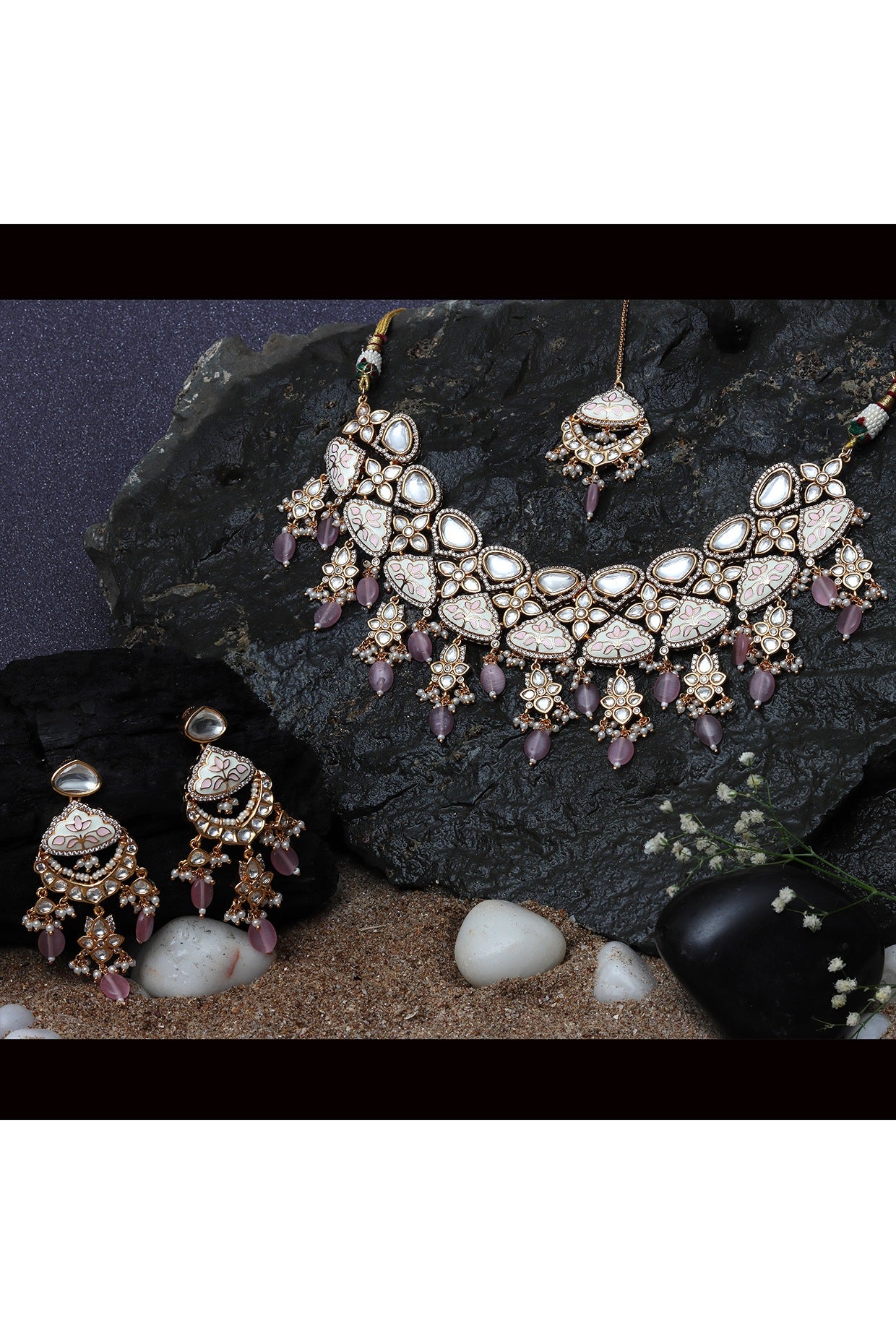 Gold Finish Kundan Pink & White Meenakari Choker Necklace Set