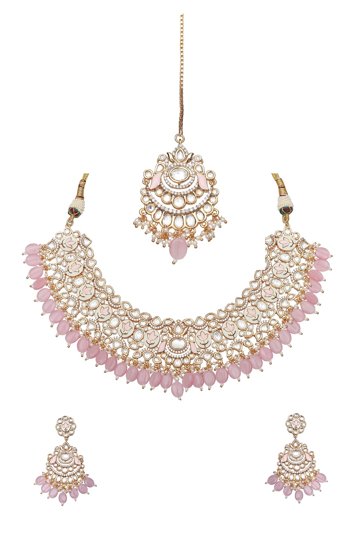 Gold Finish Blush Pink Kundan Meenakari Choker Necklace Set