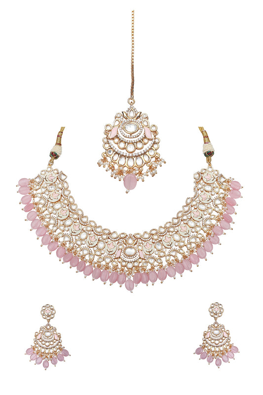 Gold Finish Blush Pink Kundan Meenakari Choker Necklace Set