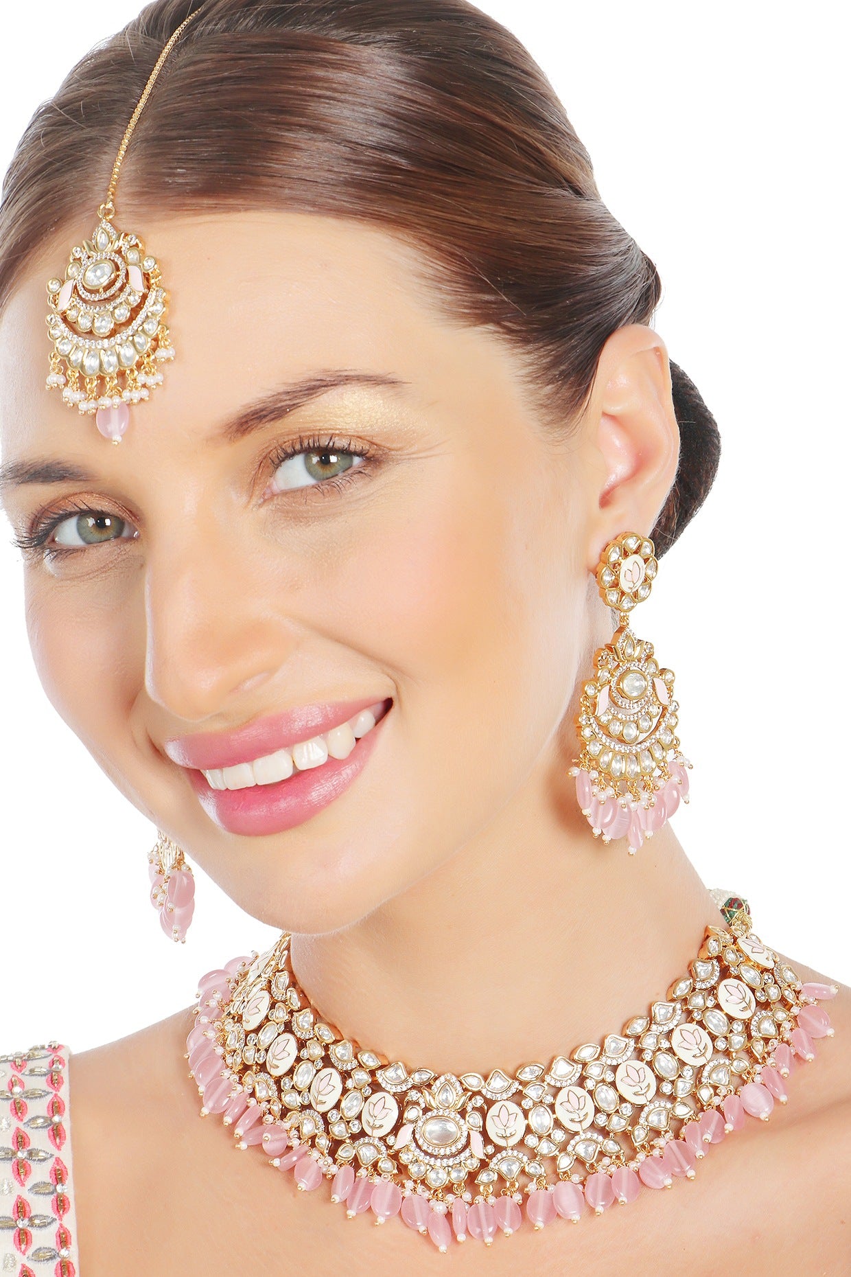 Gold Finish Blush Pink Kundan Meenakari Choker Necklace Set