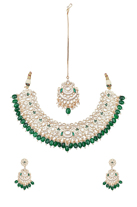 Gold Finish Emerald Green Kundan Meenakari Choker Necklace Set