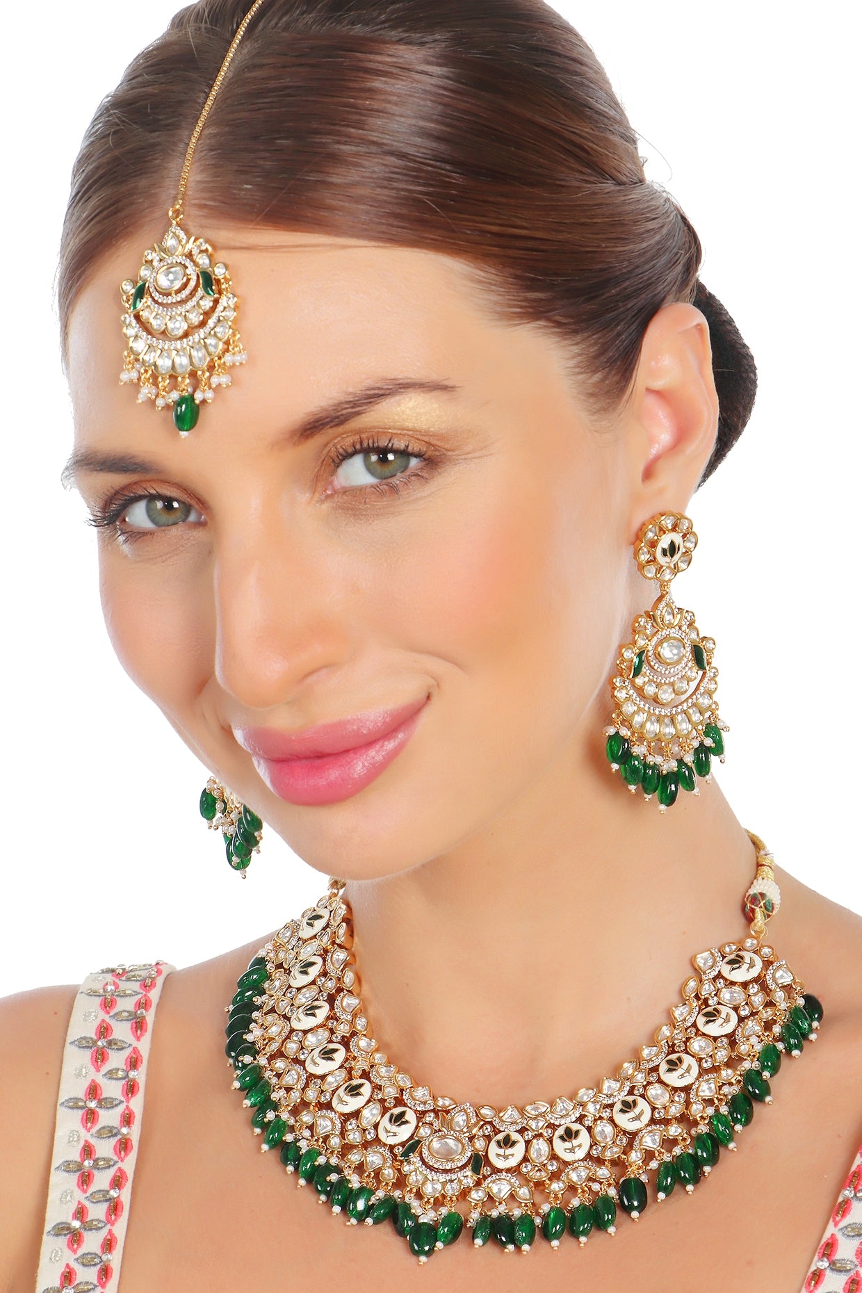 Gold Finish Emerald Green Kundan Meenakari Choker Necklace Set