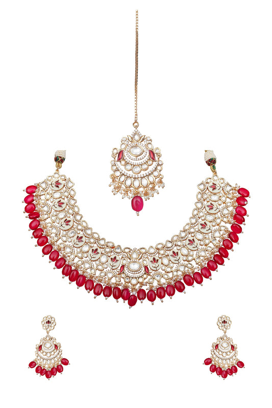 Gold Finish Red Kundan Meenakari Choker Necklace Set