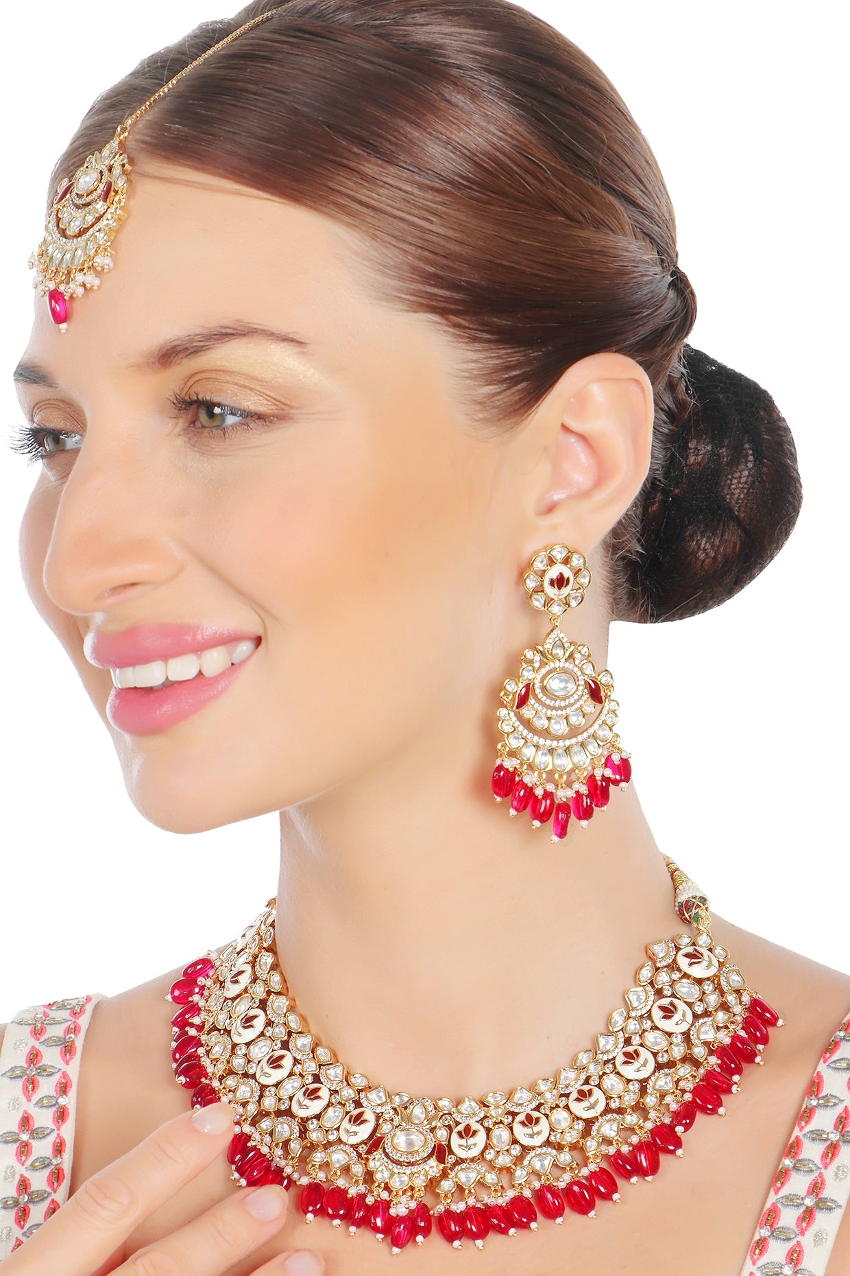 Gold Finish Red Kundan Meenakari Choker Necklace Set