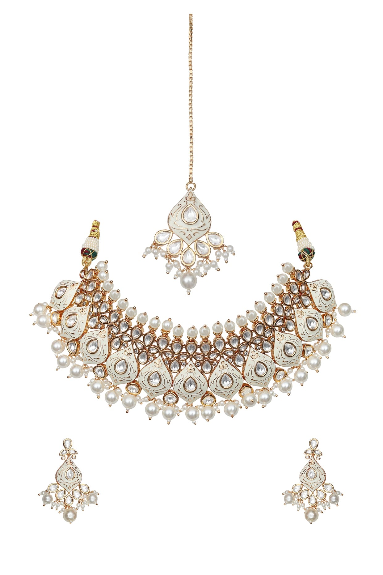 Gold Finish Kundan & Pearl White Meenakari Choker Necklace Set