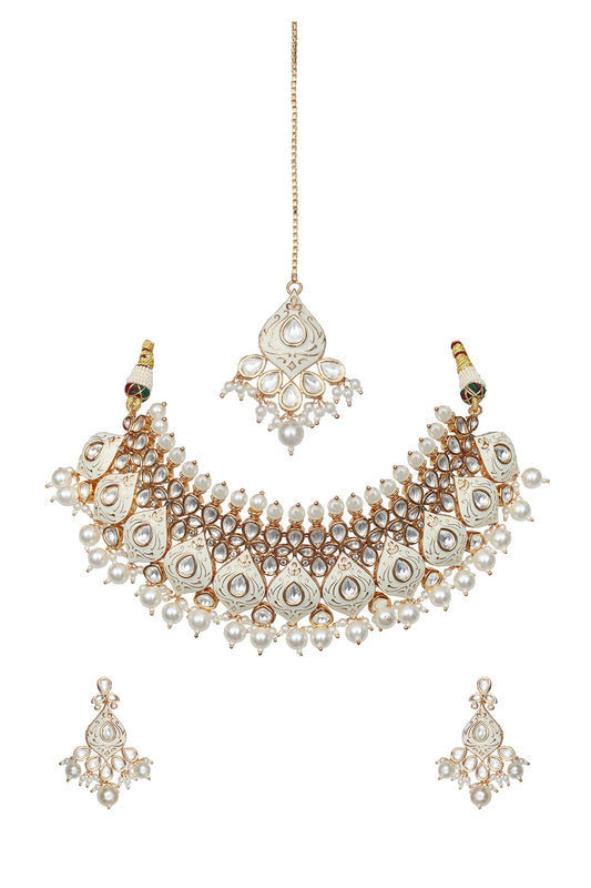 Gold Finish Kundan & Pearl White Meenakari Choker Necklace Set