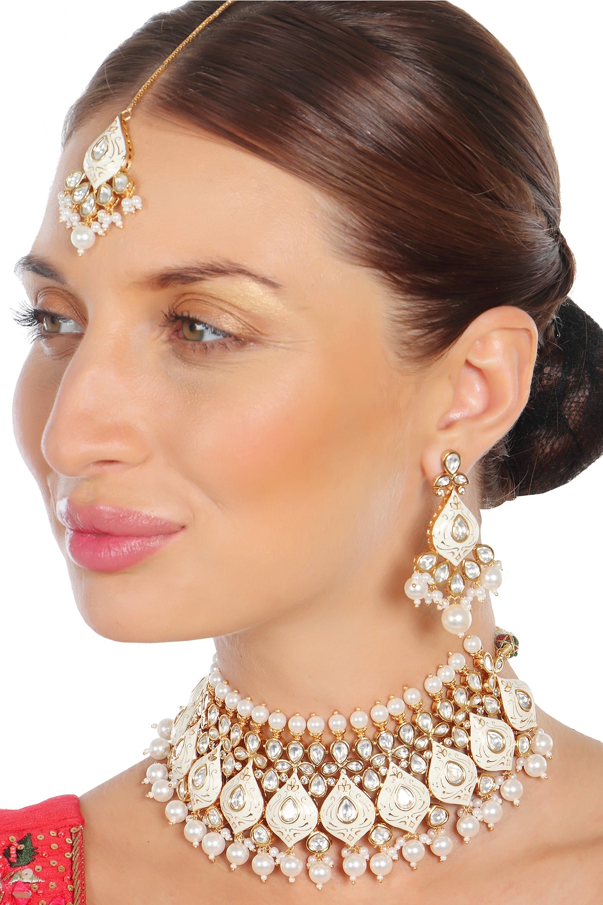 Gold Finish Kundan & Pearl White Meenakari Choker Necklace Set