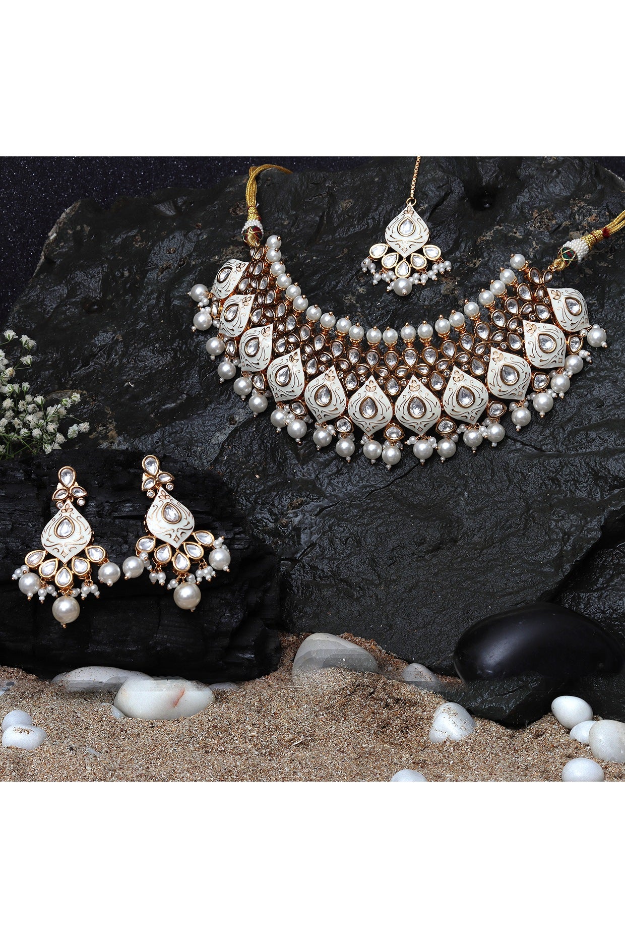 Gold Finish Kundan & Pearl White Meenakari Choker Necklace Set