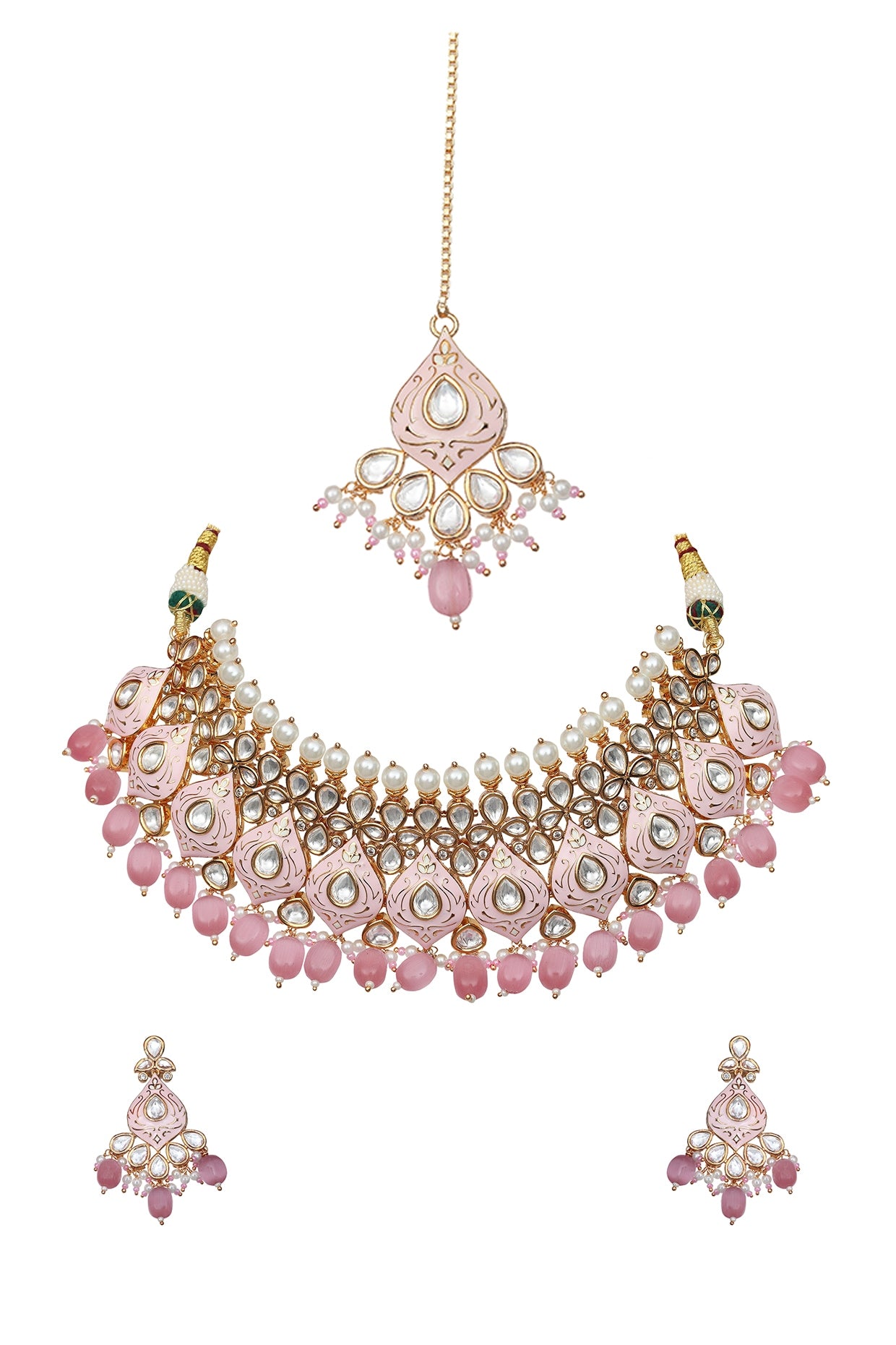 Gold Finish Kundan & Pearl Blush Pink Meenakari Choker Necklace Set