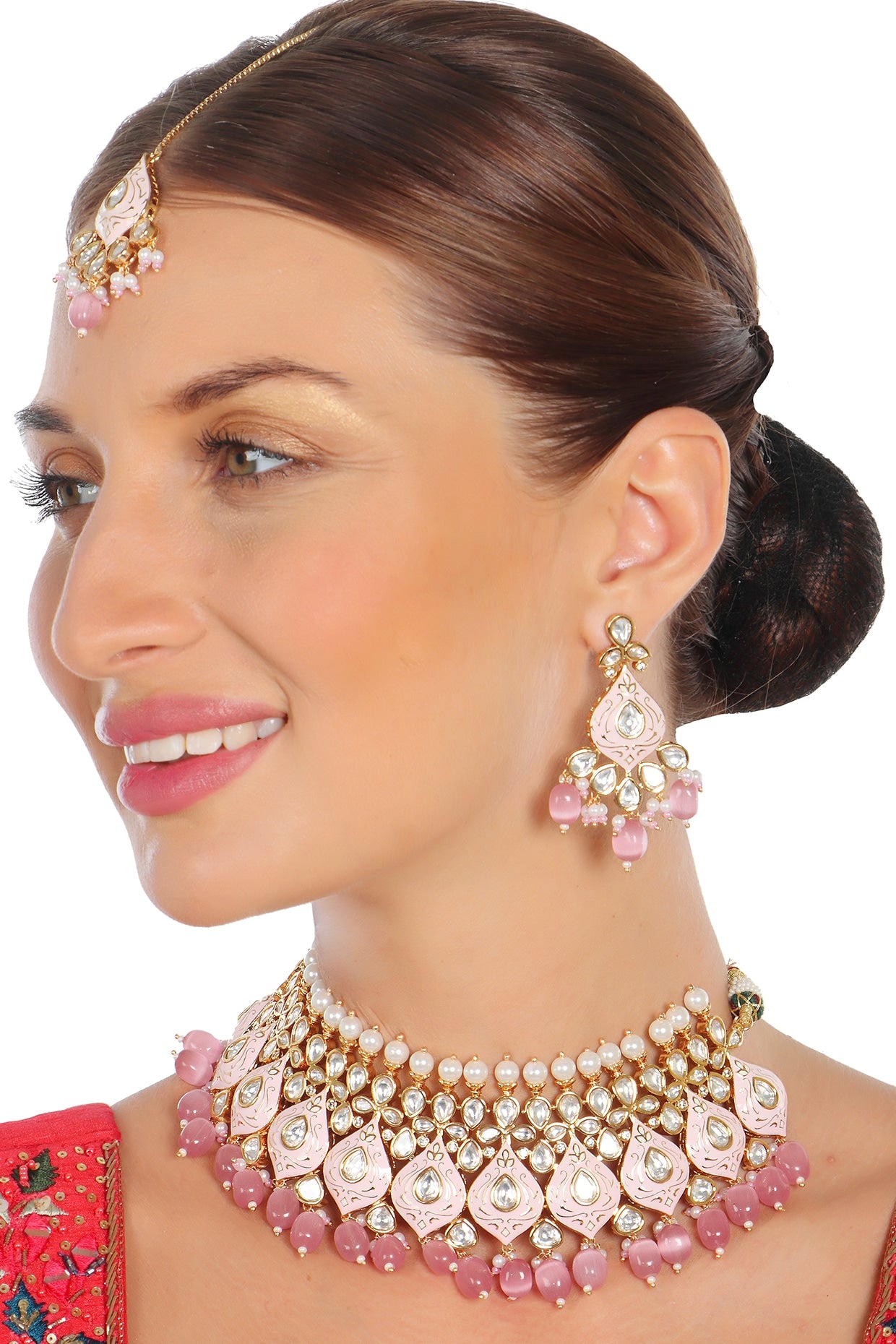 Gold Finish Kundan & Pearl Blush Pink Meenakari Choker Necklace Set