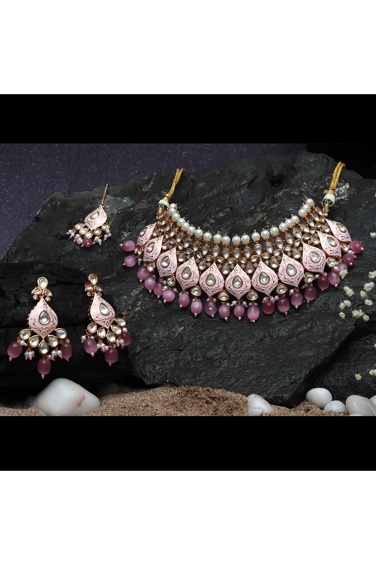 Gold Finish Kundan & Pearl Blush Pink Meenakari Choker Necklace Set