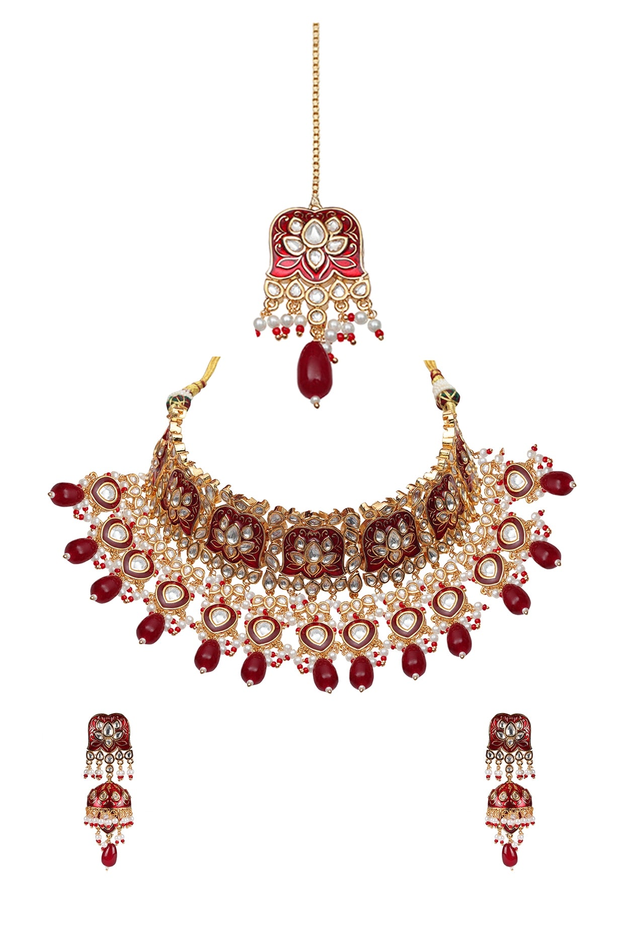 Gold Finish Kundan Red Meenakari Choker Necklace Set