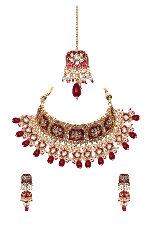 Gold Finish Kundan Red Meenakari Choker Necklace Set