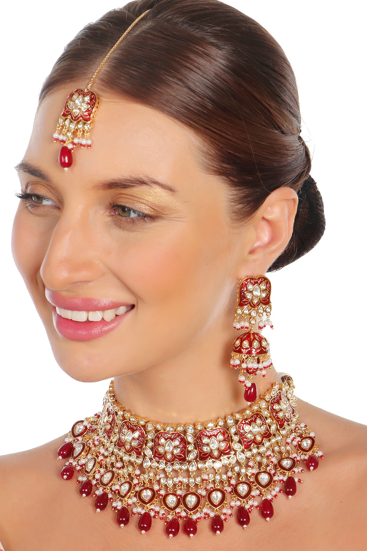 Gold Finish Kundan Red Meenakari Choker Necklace Set