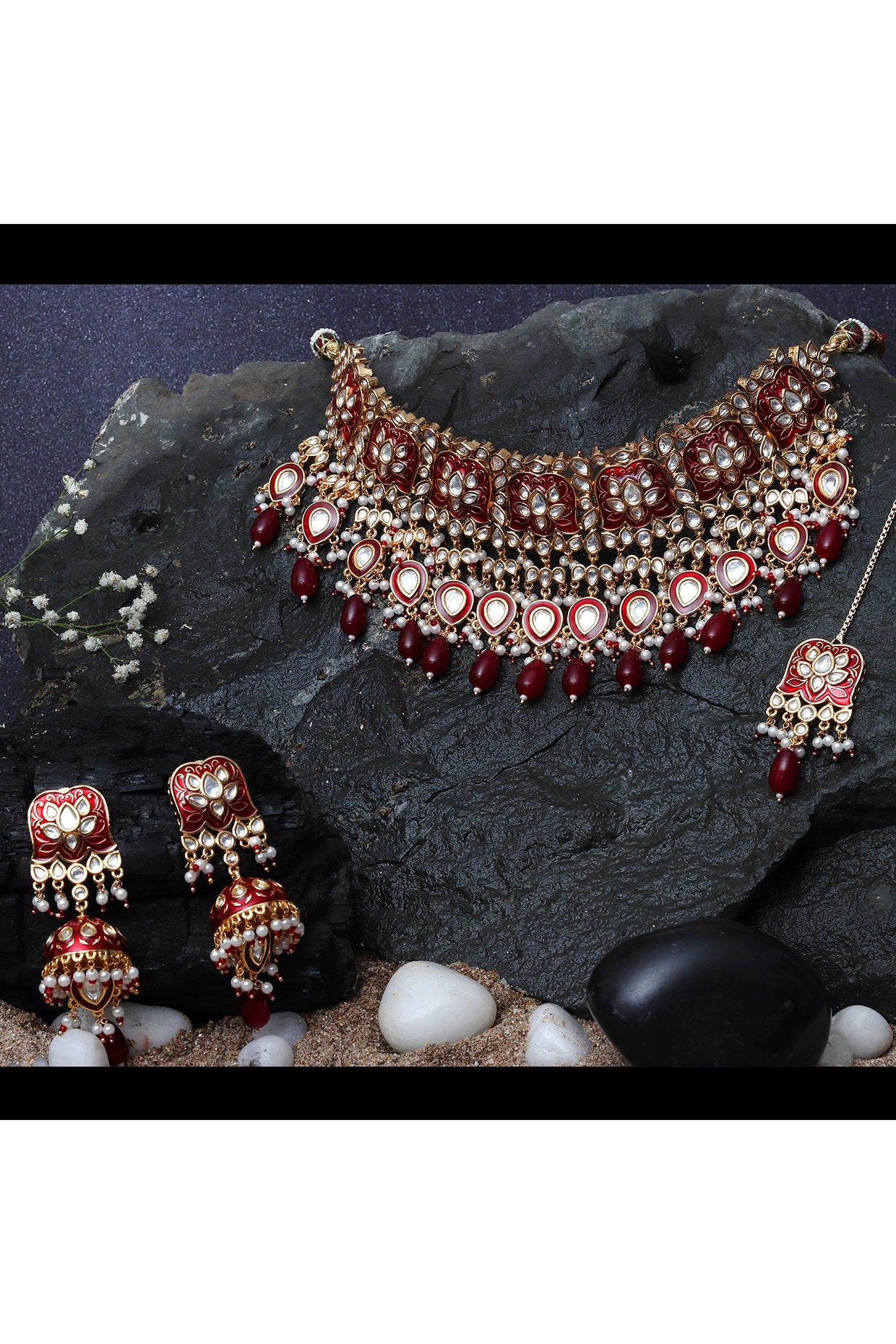 Gold Finish Kundan Red Meenakari Choker Necklace Set