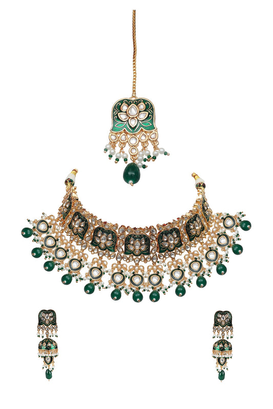 Gold Finish Kundan Green Meenakari Choker Necklace Set