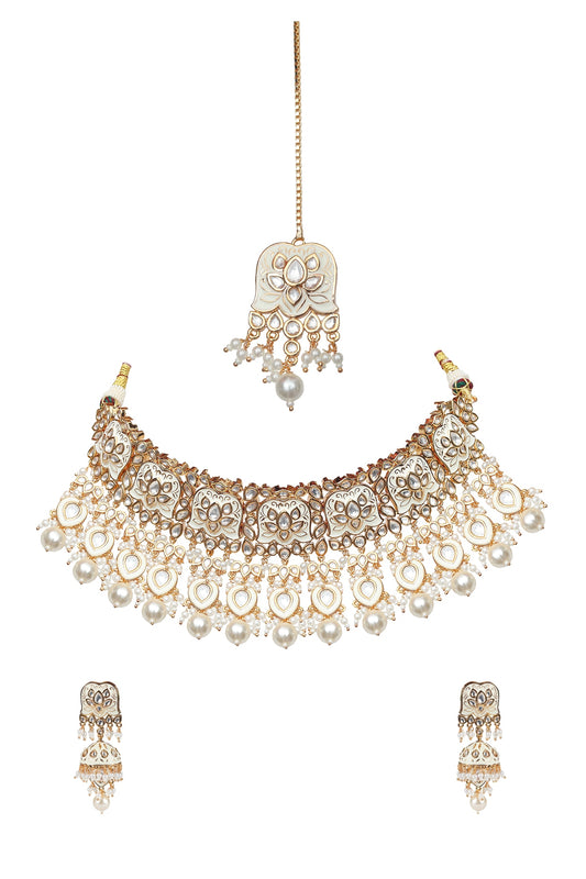 Gold Finish Kundan White Meenakari Choker Necklace Set