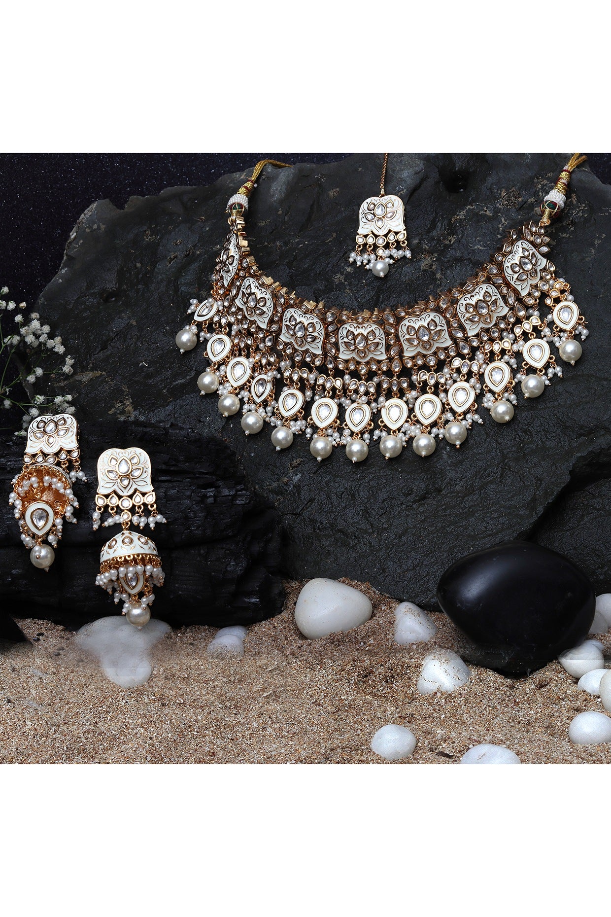 Gold Finish Kundan White Meenakari Choker Necklace Set