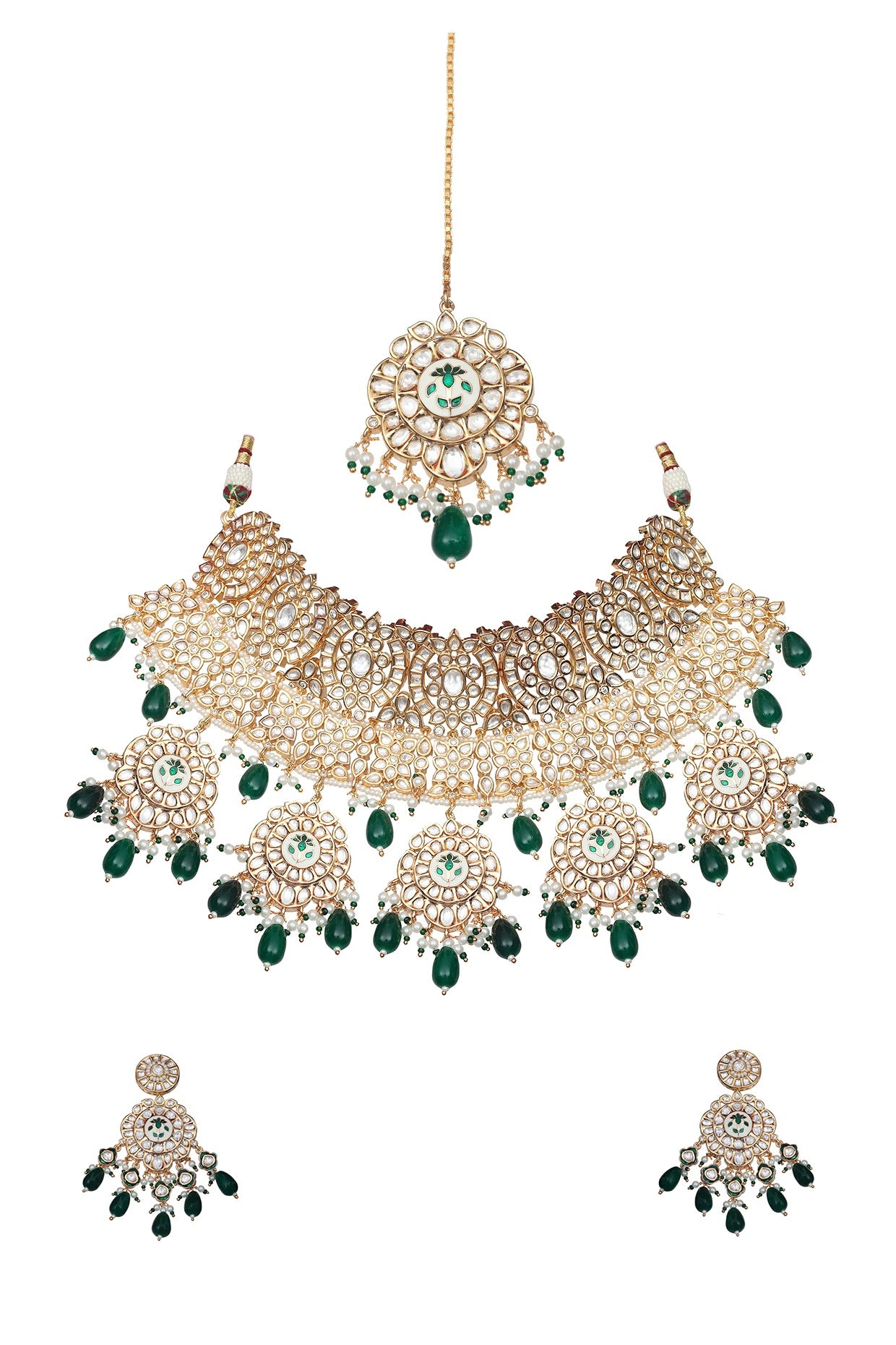 Gold Finish Emerald Green Kundan Meenakari Choker Necklace Set