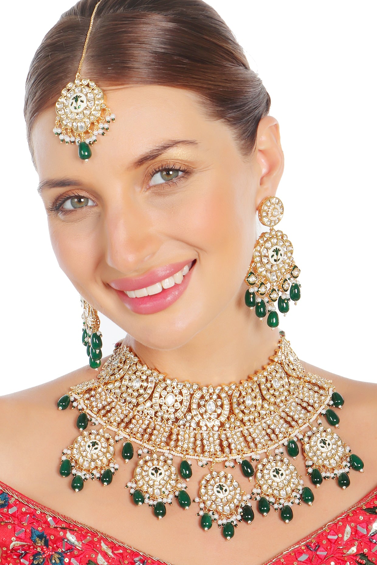 Gold Finish Emerald Green Kundan Meenakari Choker Necklace Set