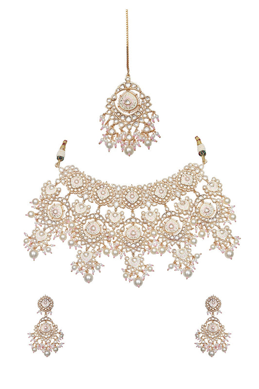 Gold Finish Kundan Ivory Meenakari Choker Necklace Set