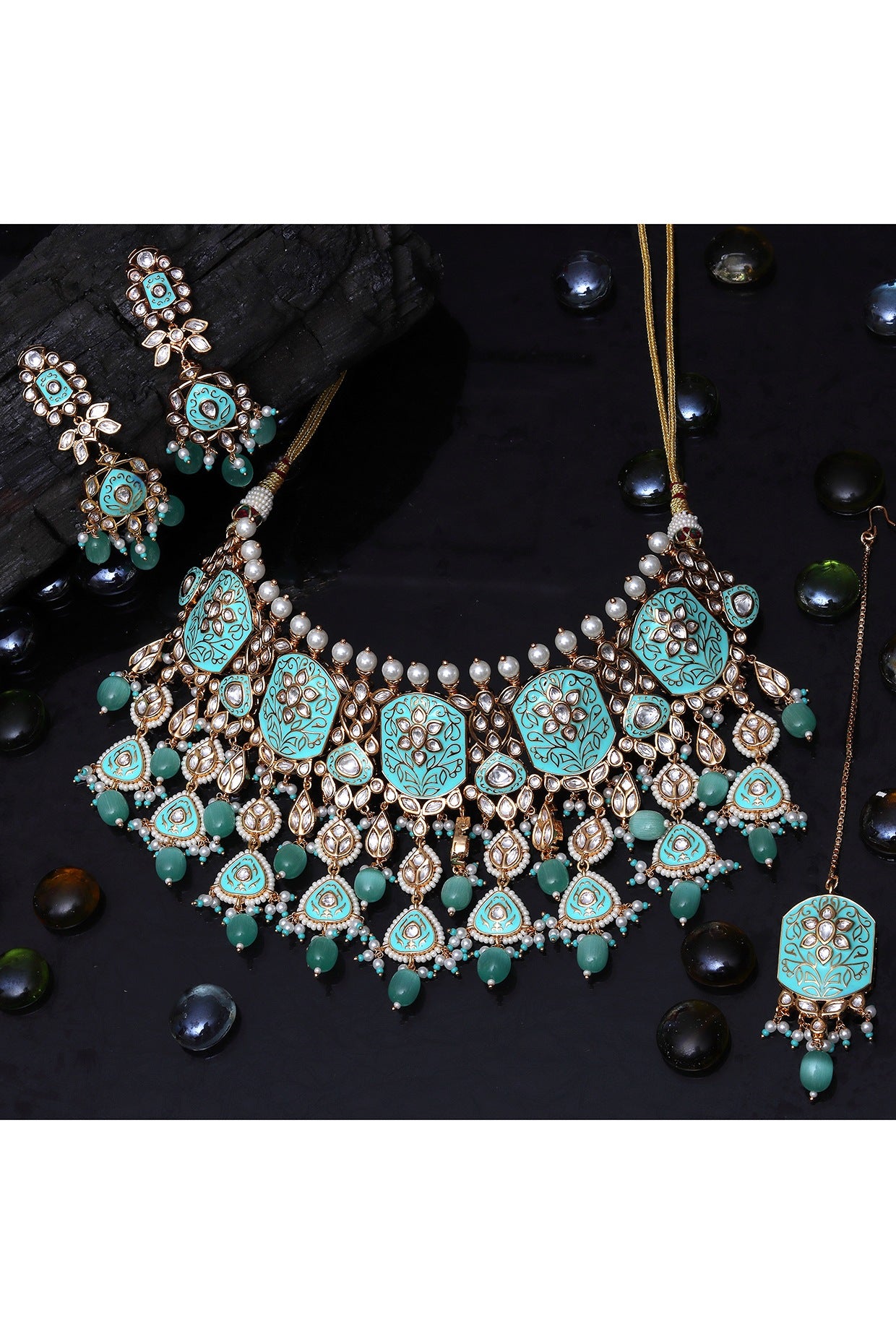 Gold Finish Mint Kundan Meenakari Choker Necklace Set