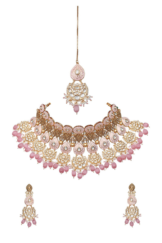 Gold Finish Kundan Blush Pink Meenakari Choker Necklace Set