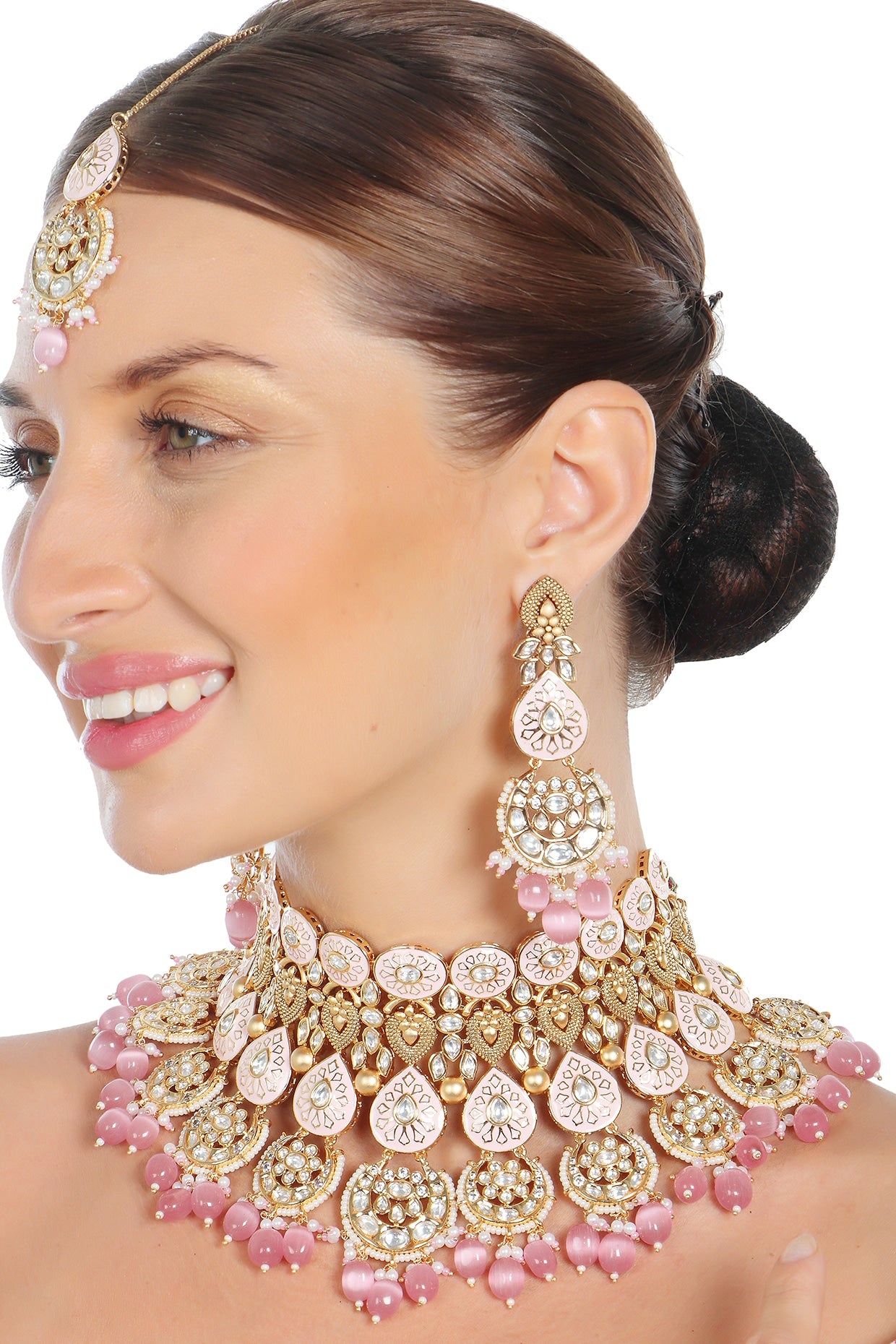 Gold Finish Kundan Blush Pink Meenakari Choker Necklace Set