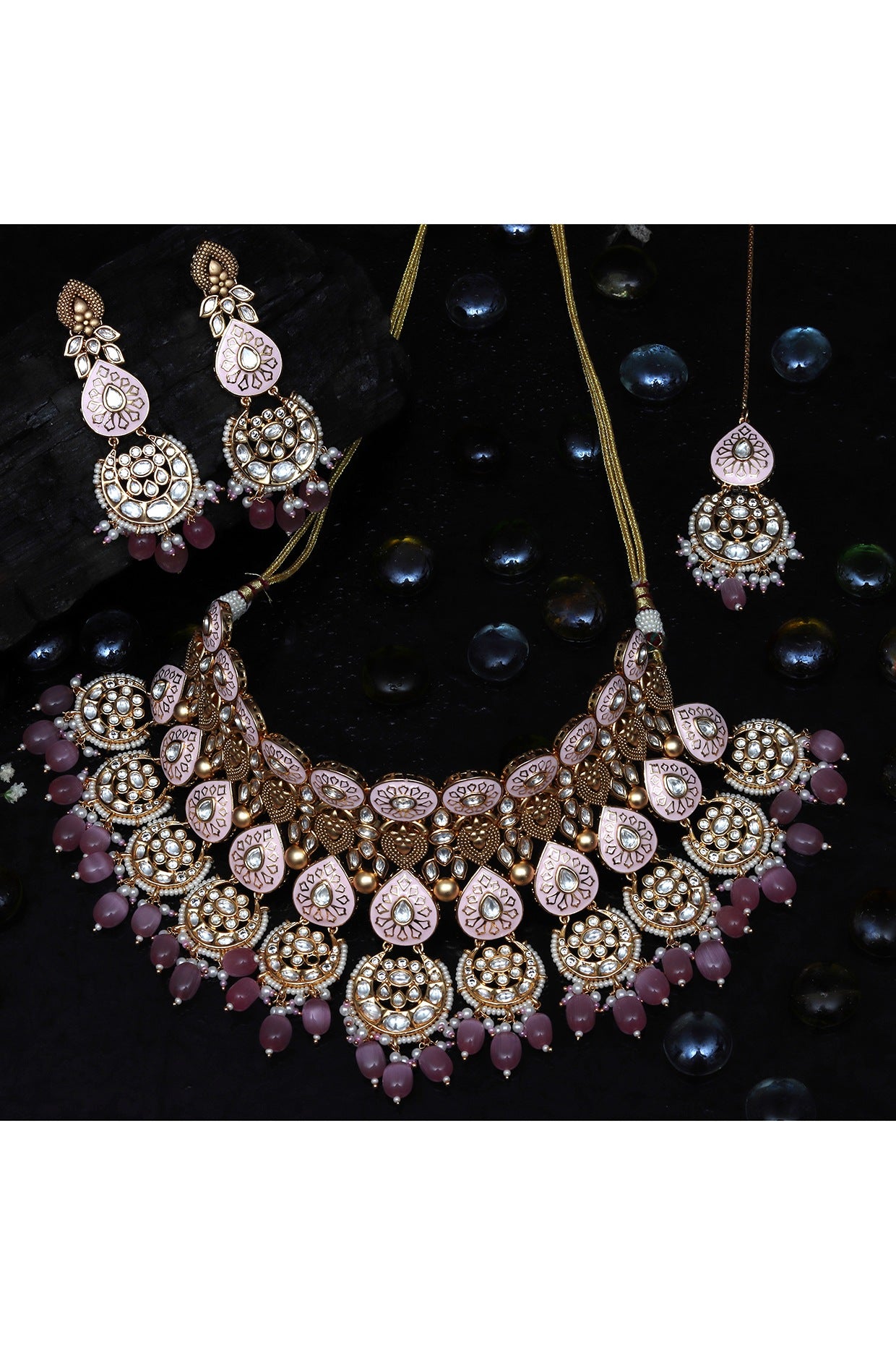 Gold Finish Kundan Blush Pink Meenakari Choker Necklace Set