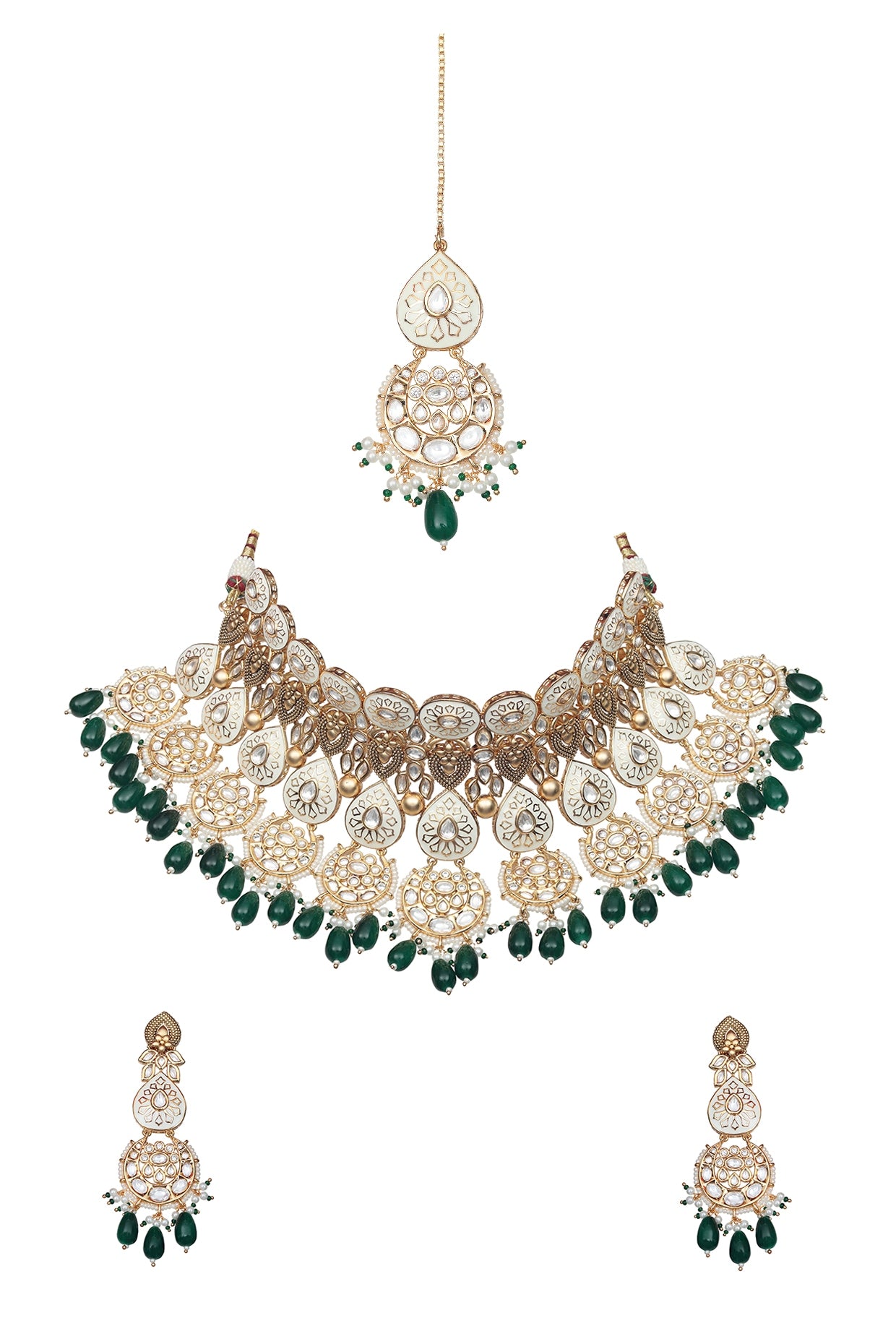 Gold Finish Kundan Green & White Meenakari Choker Necklace Set