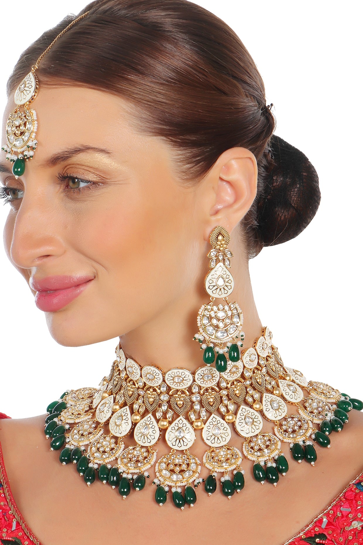 Gold Finish Kundan Green & White Meenakari Choker Necklace Set