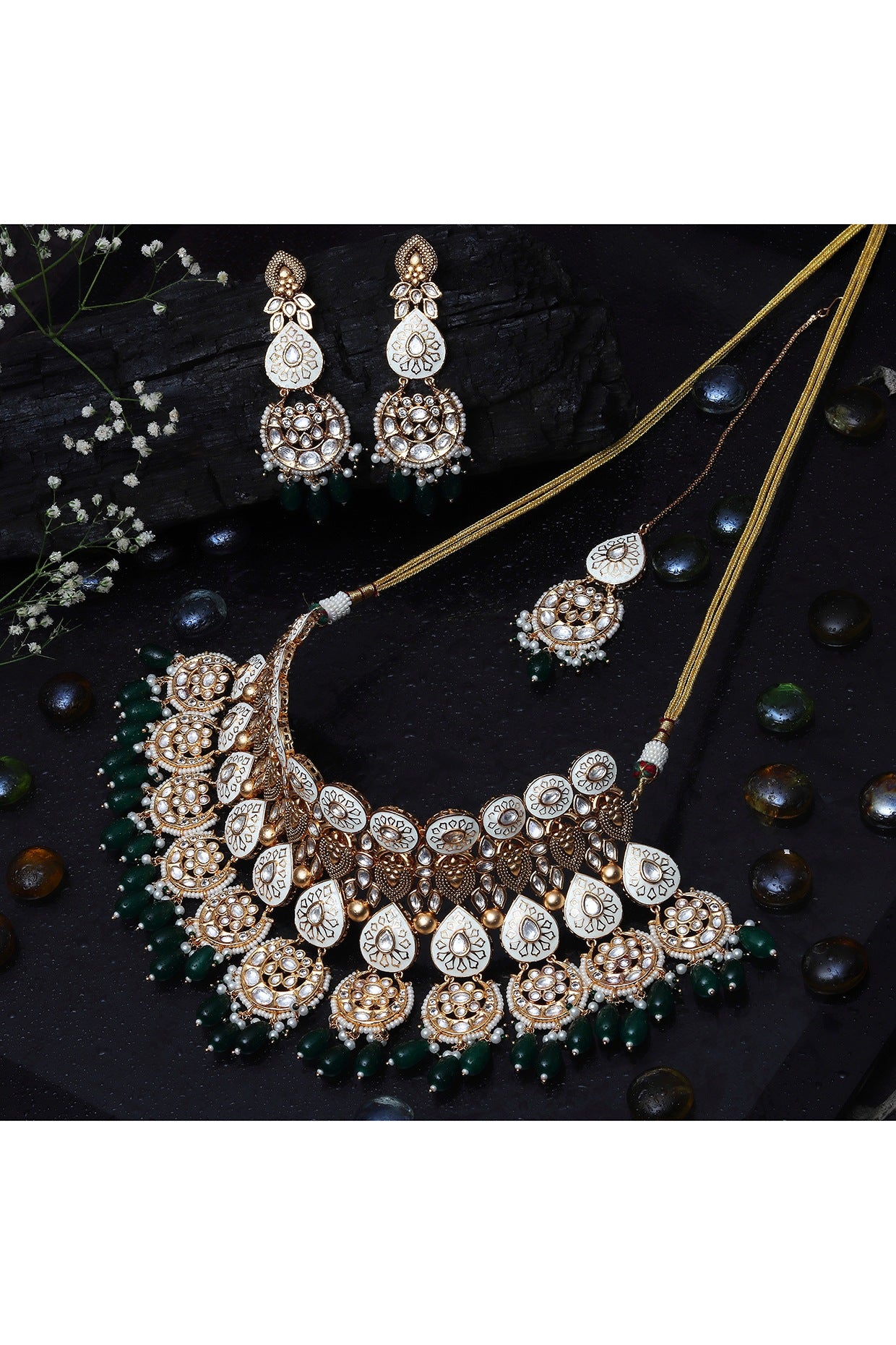 Gold Finish Kundan Green & White Meenakari Choker Necklace Set