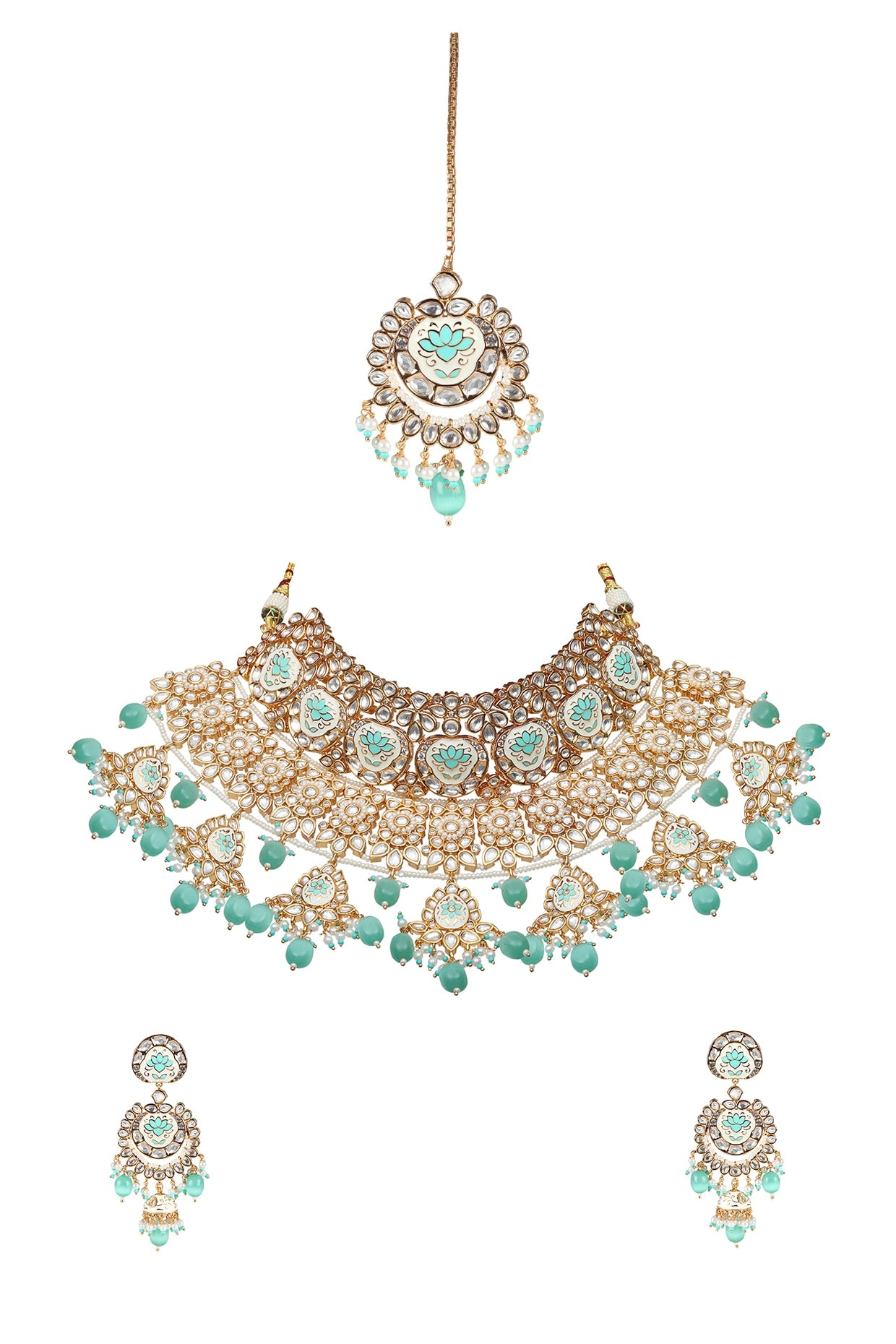 Gold Finish Mint Green Kundan Meenakari Choker Necklace Set