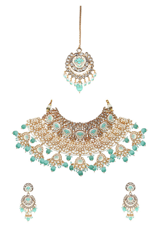 Gold Finish Mint Green Kundan Meenakari Choker Necklace Set