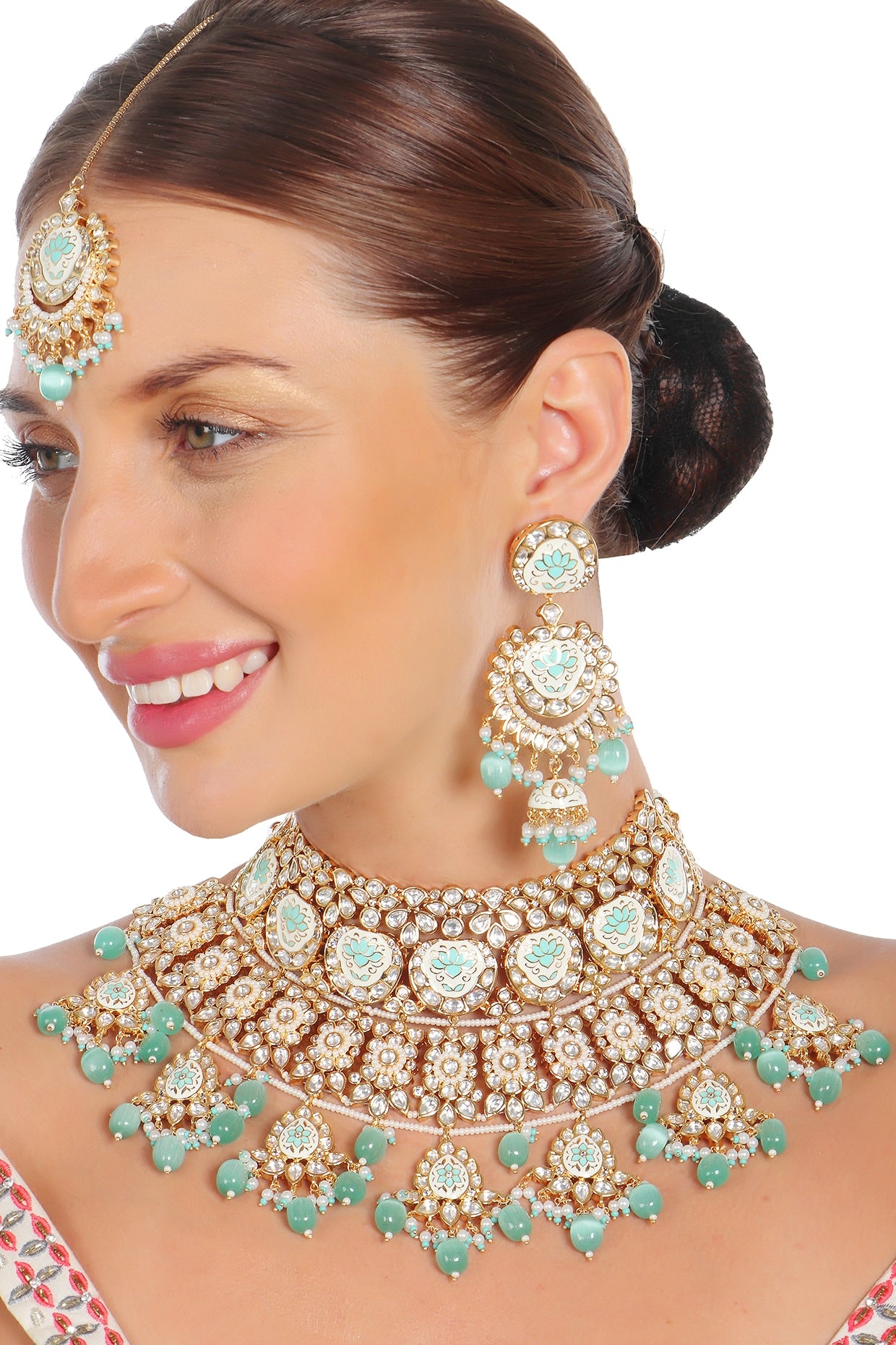 Gold Finish Mint Green Kundan Meenakari Choker Necklace Set