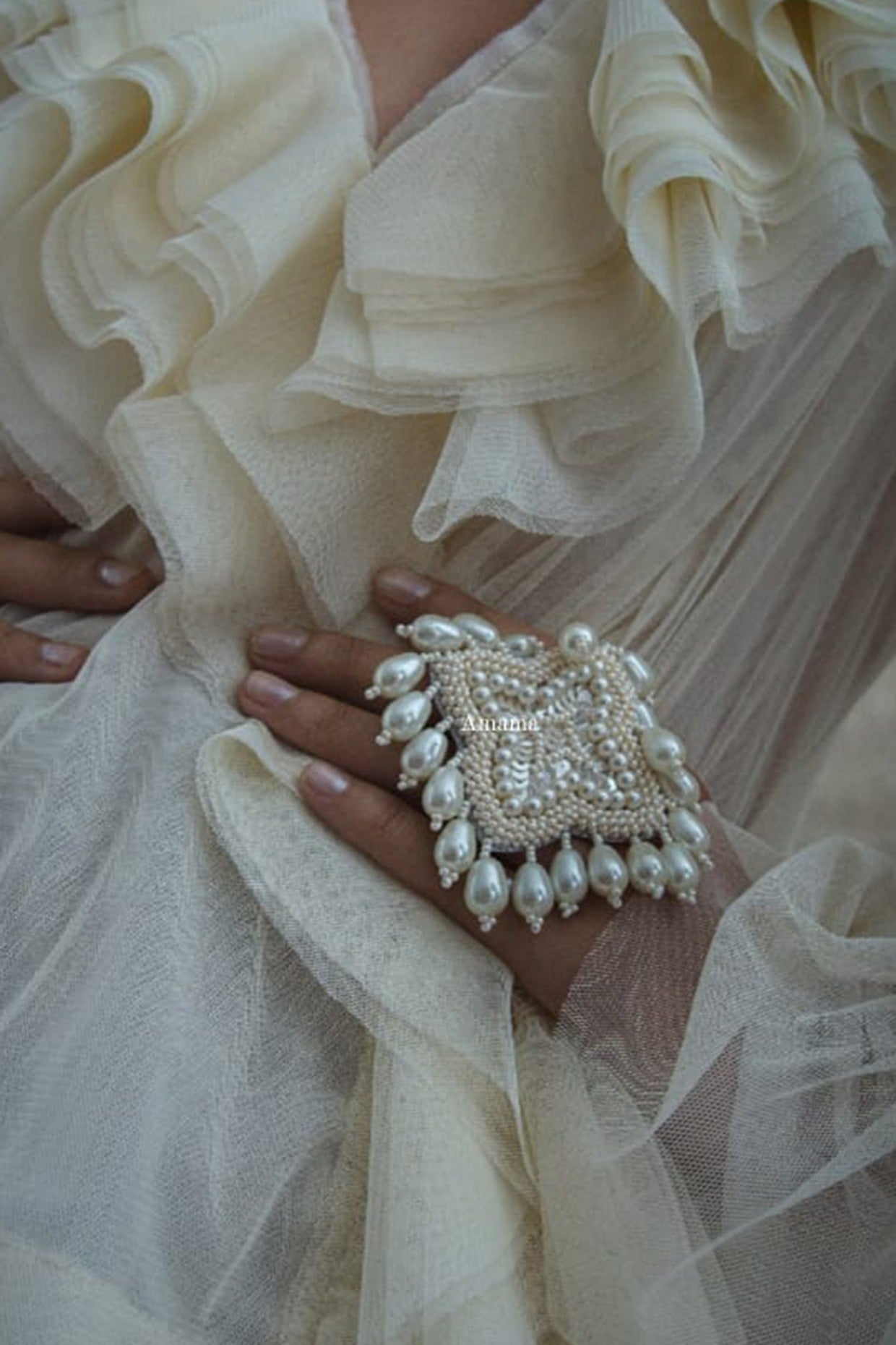 White Glass Hand Embroidered Ring