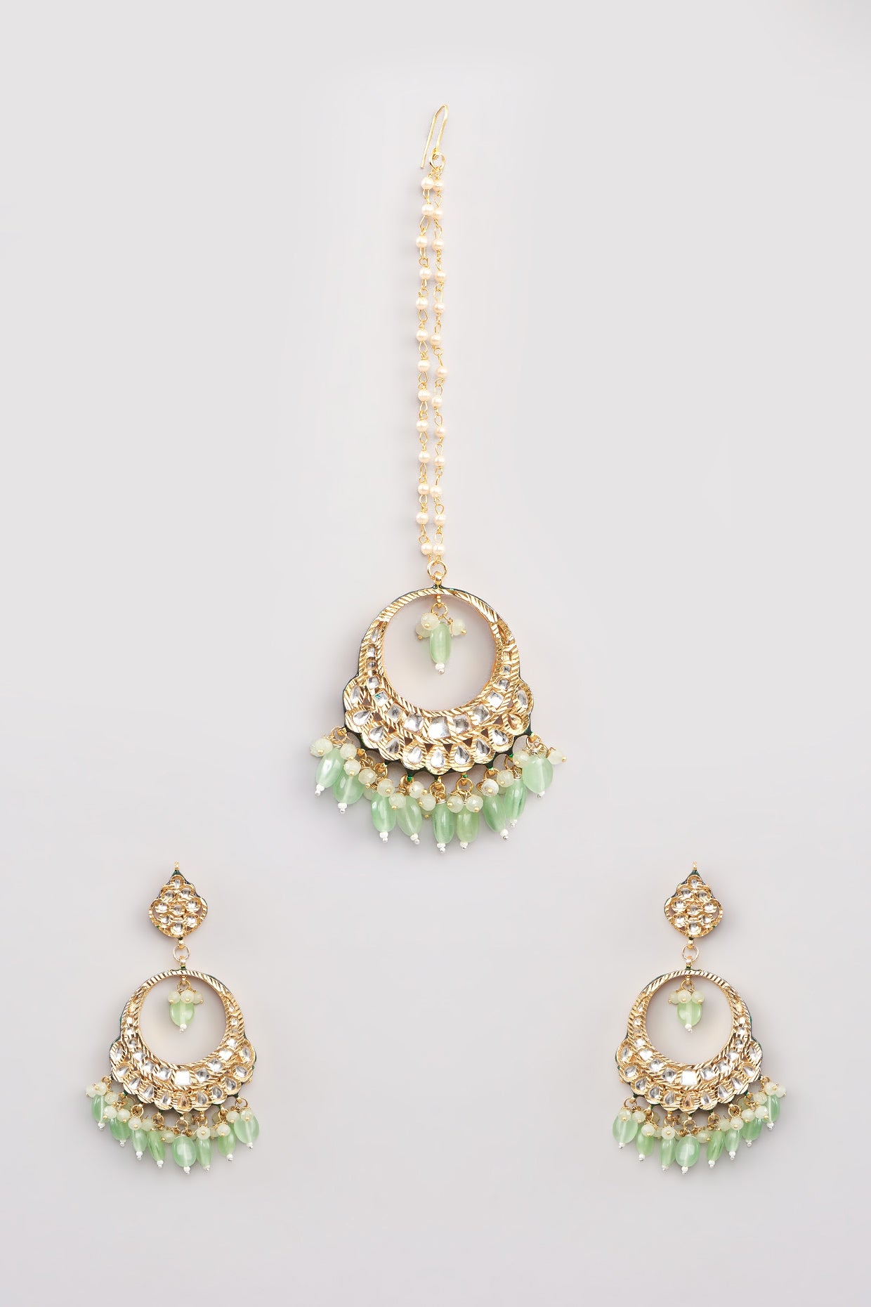 Gold Finish Kundan Polki & Green Fluorite Beaded Chandbali Earrings With Maangtikka