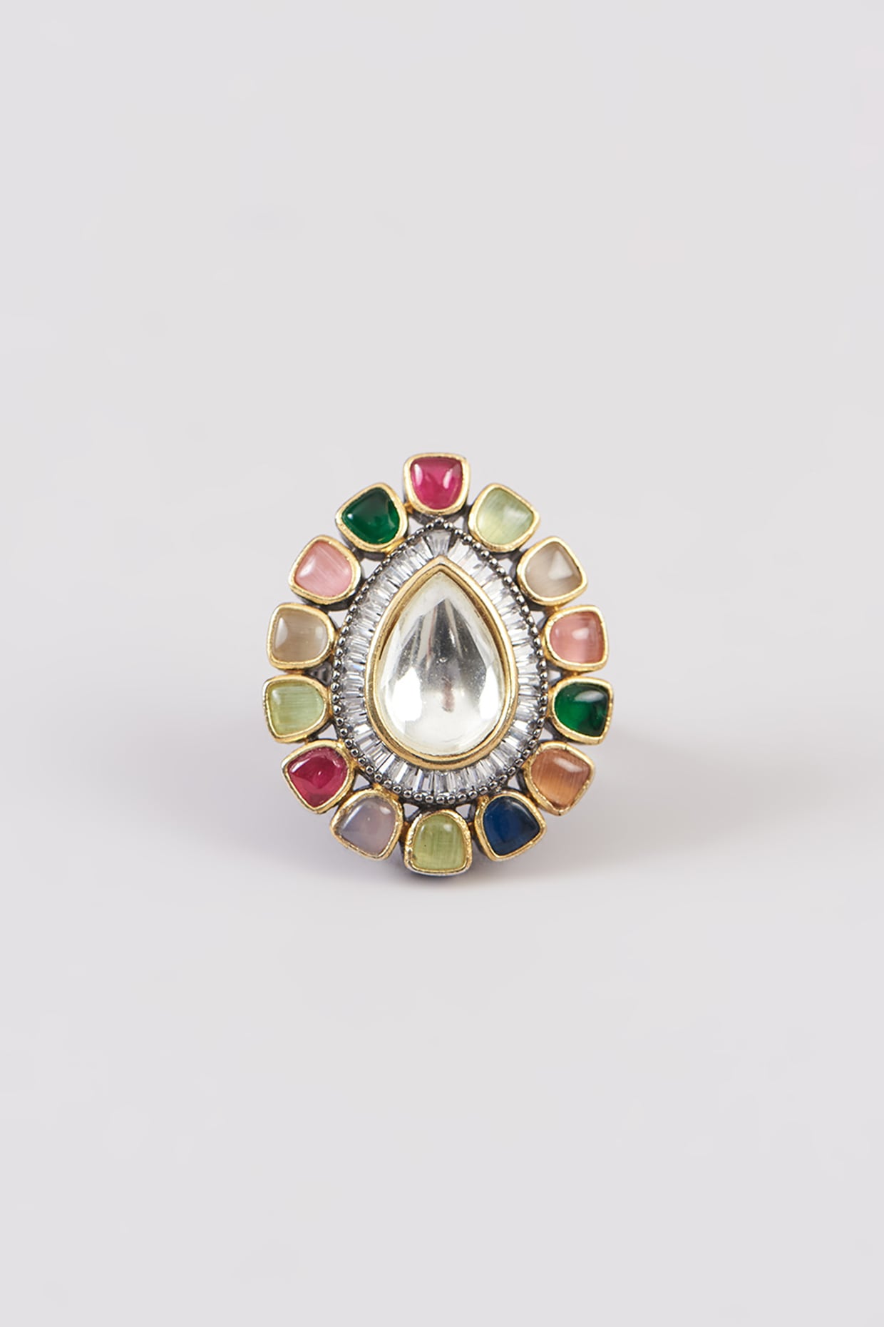 Gold Finish Multi-Colored Kundan Polki Ring