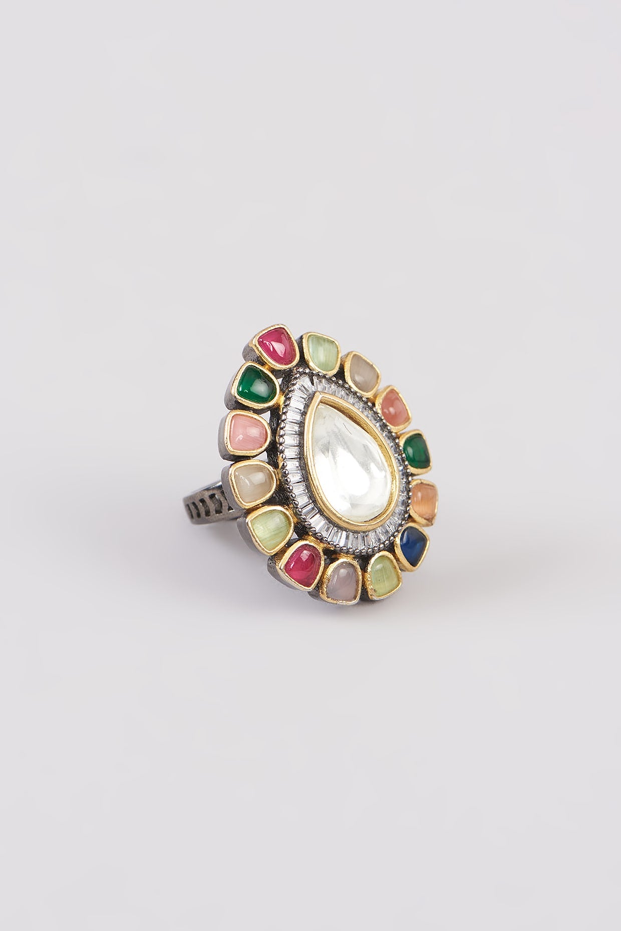 Gold Finish Multi-Colored Kundan Polki Ring