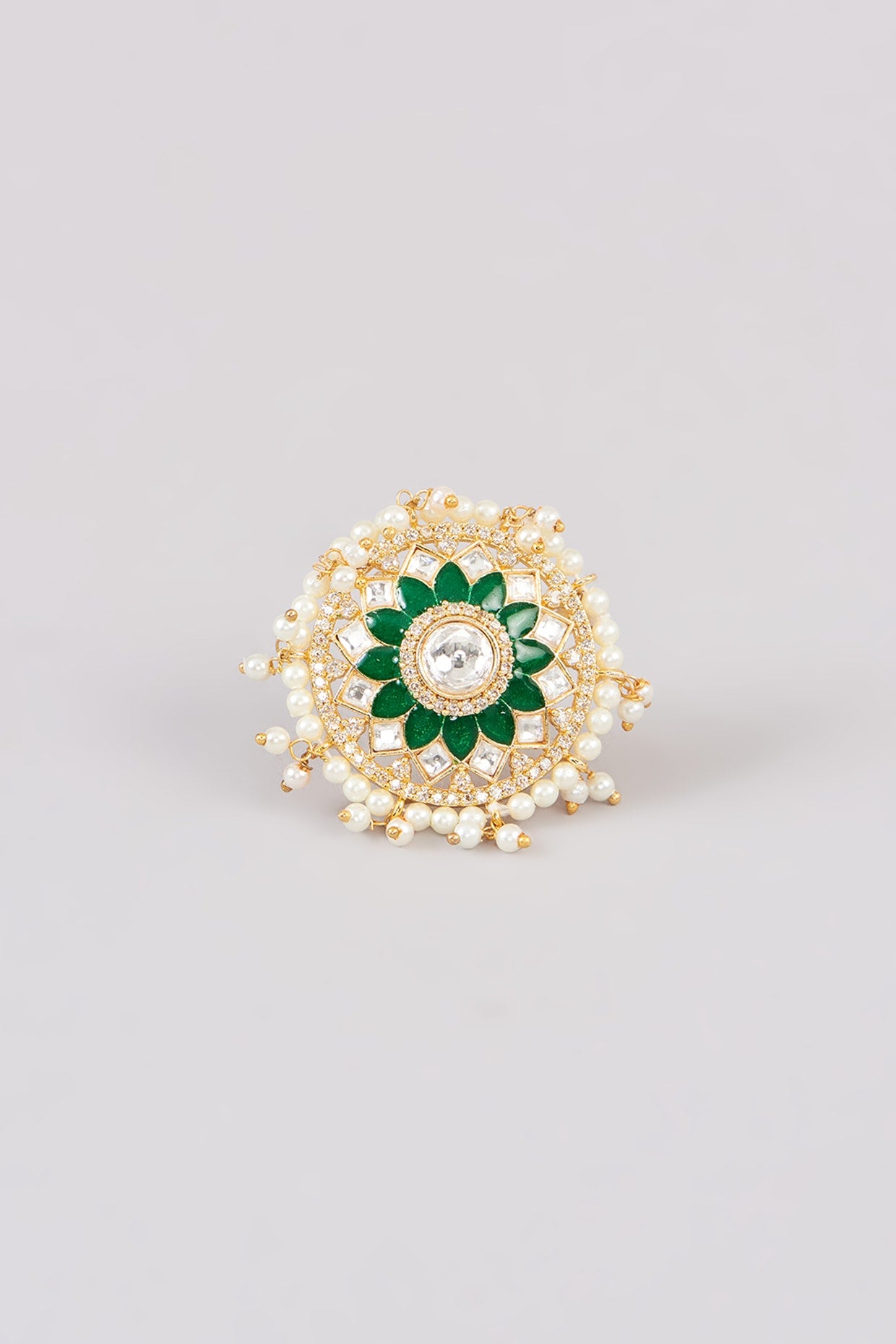 Gold Finish Green Kundan Polki Ring