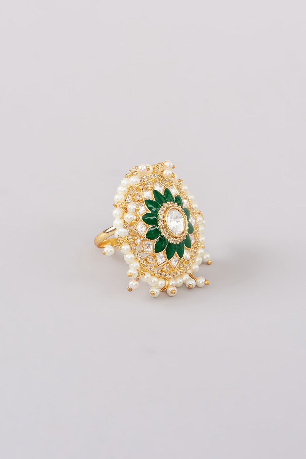 Gold Finish Green Kundan Polki Ring