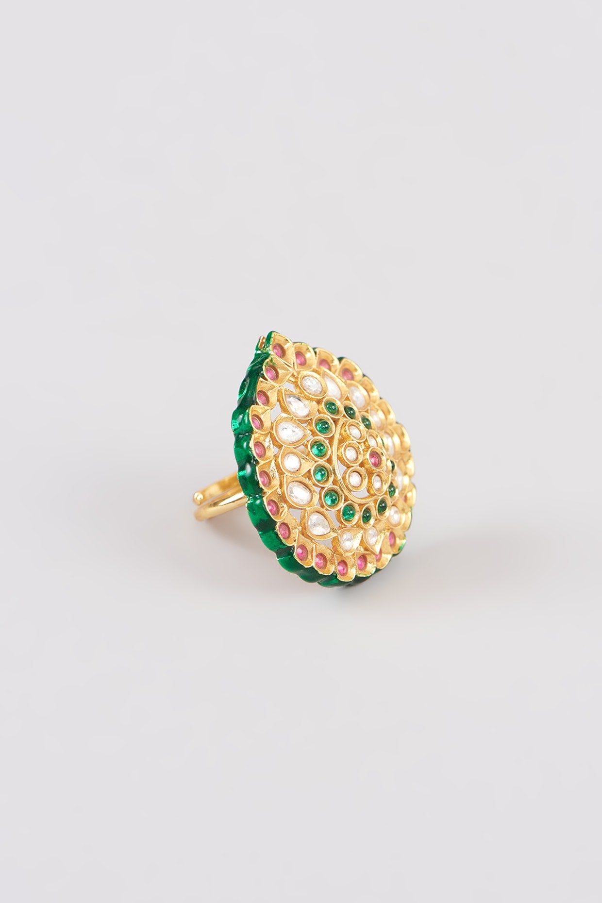 Gold Finish Multi-Colored Kundan Polki Ring