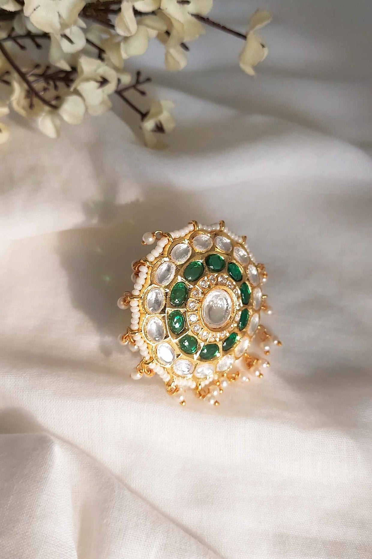 Gold Finish Kundan Polki & Green Stone Adjustable Ring