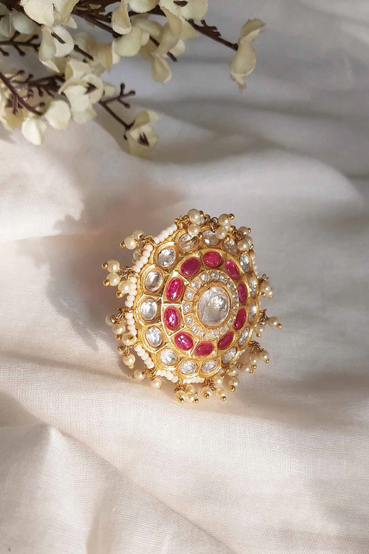 Gold Finish Kundan Polki & Pink Stone Adjustable Ring