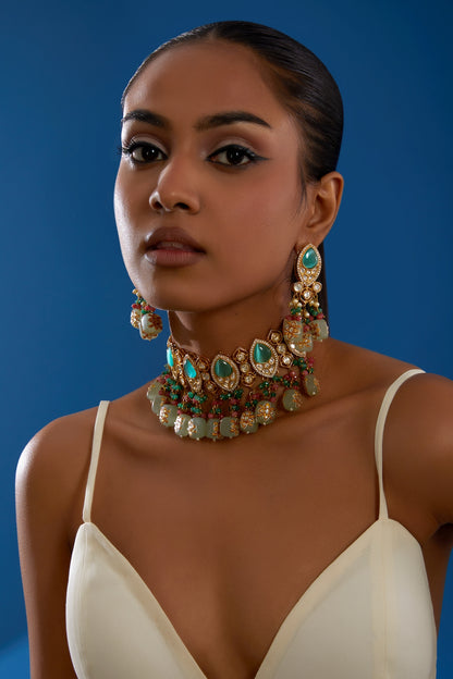 Gold Finish Kundan Polki Necklace Set