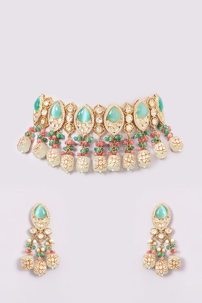 Gold Finish Kundan Polki Necklace Set