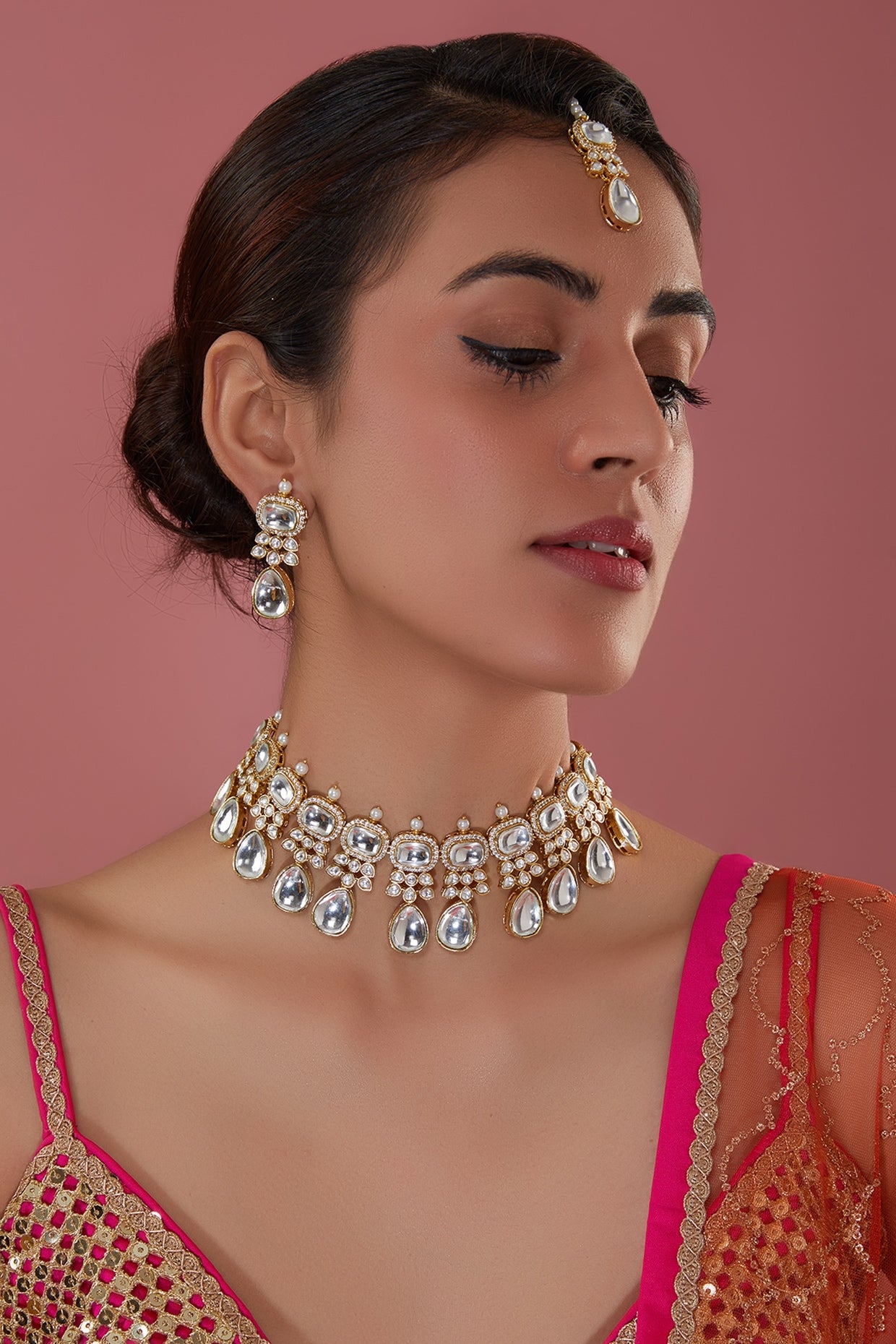 Gold Finish Kundan Polki Choker Necklace Set